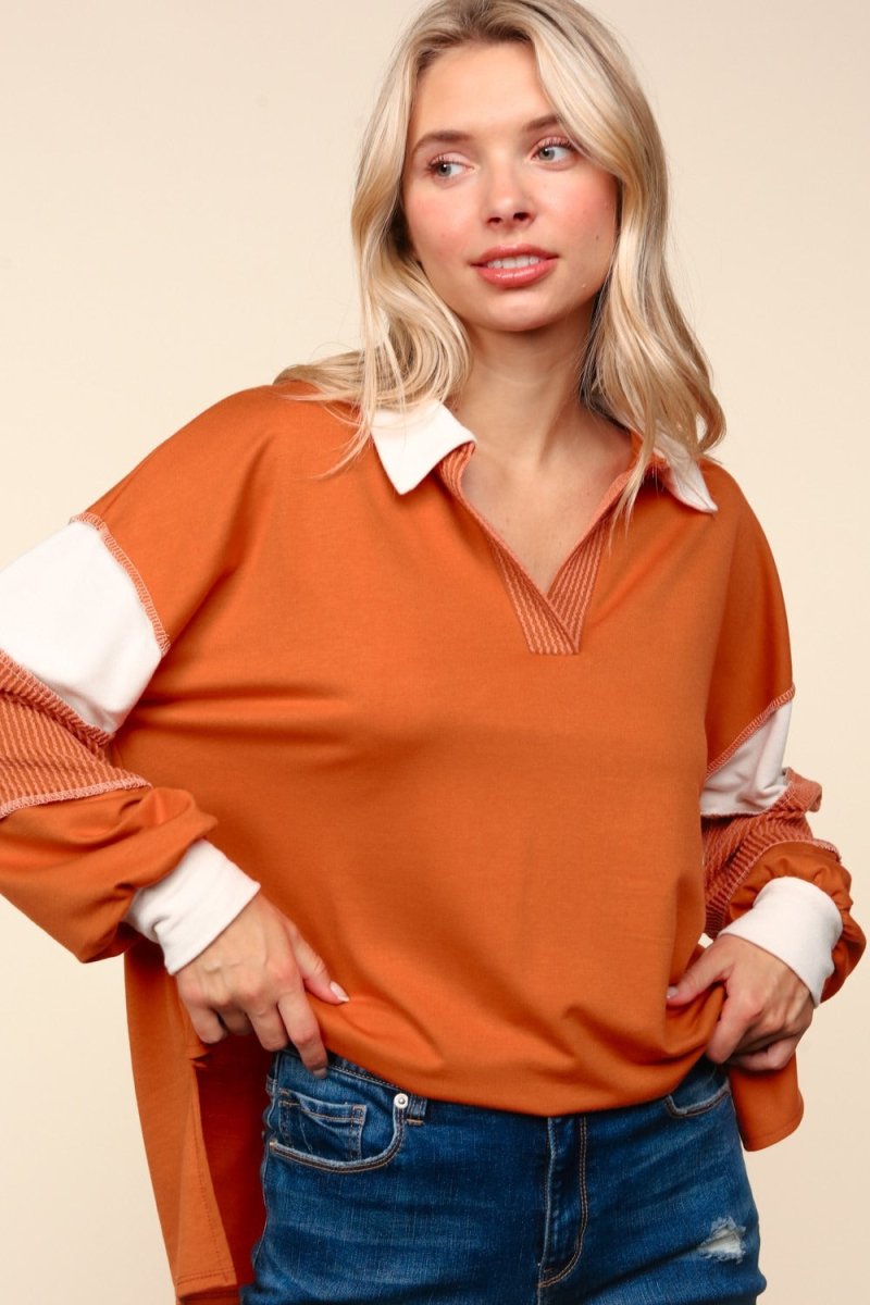 Haptics Color Block Exposed Seam Long Sleeve Top For Women - Love Salve